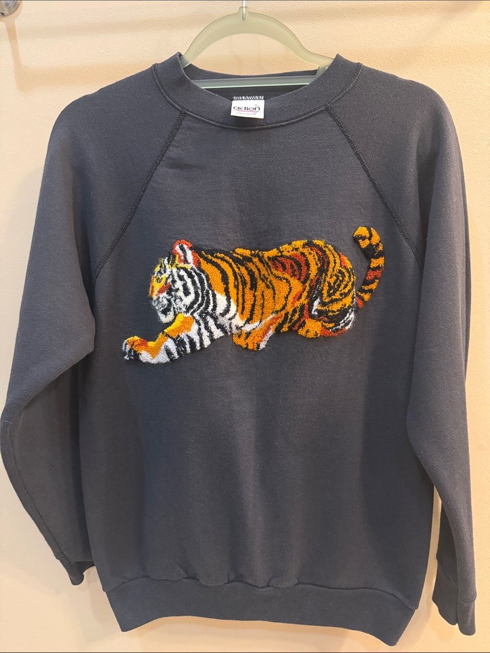Vintage Tiger Chenille Embroidered Washed Black Raglan Sweatshirt